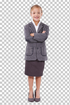 Buy stock photo Portrait of girl child in business, arms crossed and smile for future career isolated on transparent png background. Happy kid, little businesswoman clothes and pretend professional dream job in suit