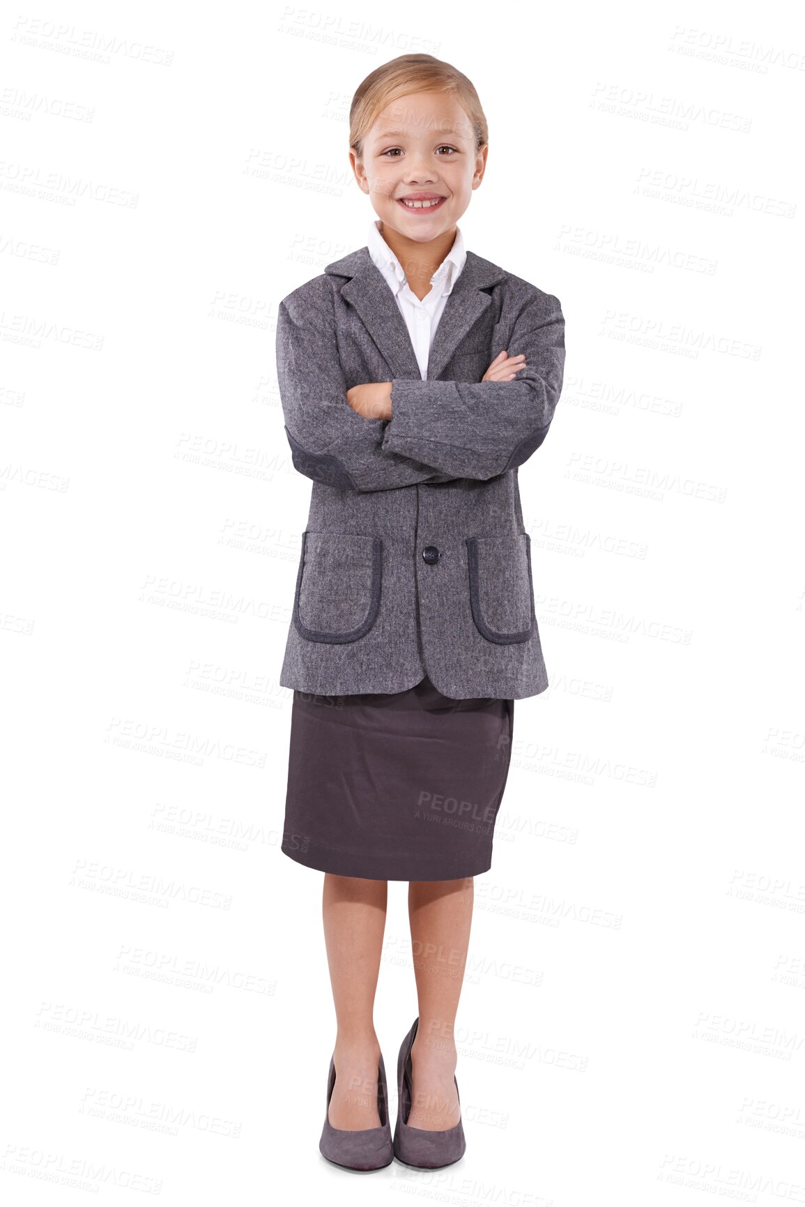 Buy stock photo Portrait of girl child in business, arms crossed and smile for future career isolated on transparent png background. Happy kid, little businesswoman clothes and pretend professional dream job in suit