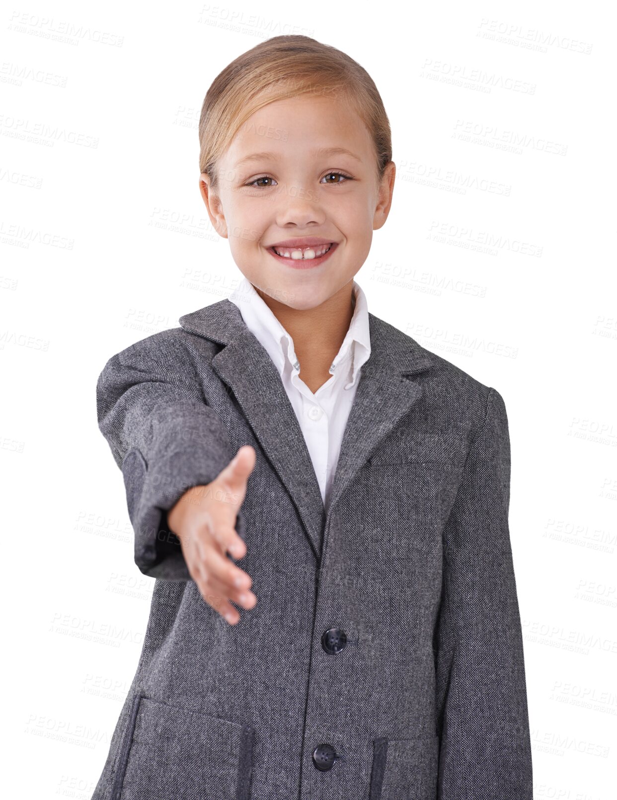 Buy stock photo Portrait, girl and kid with handshake, business suit and costume isolated on a transparent background. Face, person and child with hand gesture, greeting and hello with welcome, png and agreement