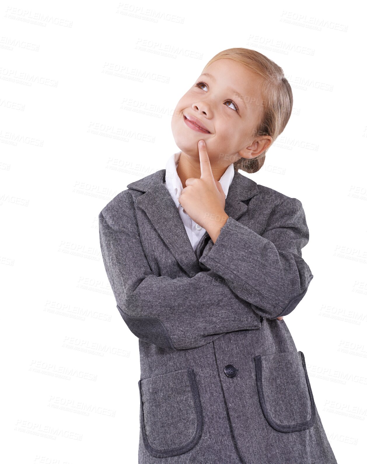 Buy stock photo Portrait of child in business, thinking and smile for future career isolated on transparent png background. Happy girl kid, little businesswoman clothes and pretend professional dream job in suit