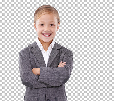 Buy stock photo Portrait of child in business suit, arms crossed and smile for future career isolated on transparent png background. Happy kid, little businesswoman and pretend professional girl in dream job clothes