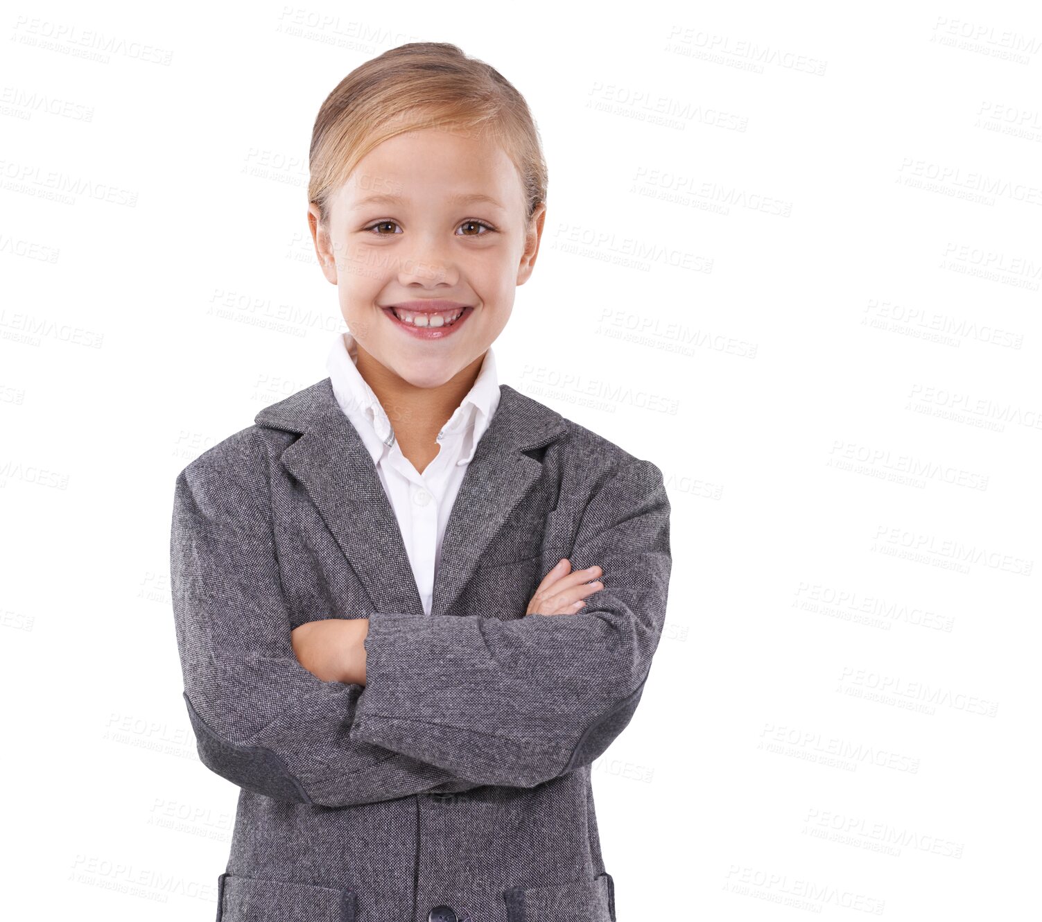 Buy stock photo Portrait of child in business suit, arms crossed and smile for future career isolated on transparent png background. Happy kid, little businesswoman and pretend professional girl in dream job clothes