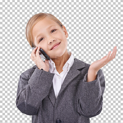 Buy stock photo Child in business suit, phone call and smile for future communication job isolated on transparent png background. Happy girl, little businesswoman or pretend professional on smartphone for networking