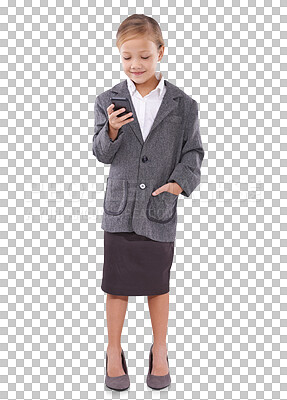 Buy stock photo Child in business suit, phone and reading for future career isolated on transparent png background. Happy girl kid, little businesswoman or pretend professional on smartphone for networking email.