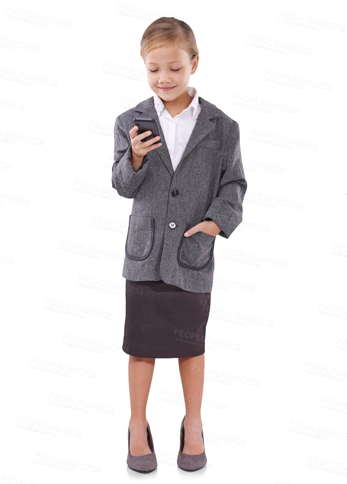 Buy stock photo Child in business suit, phone and reading for future career isolated on transparent png background. Happy girl kid, little businesswoman or pretend professional on smartphone for networking email.