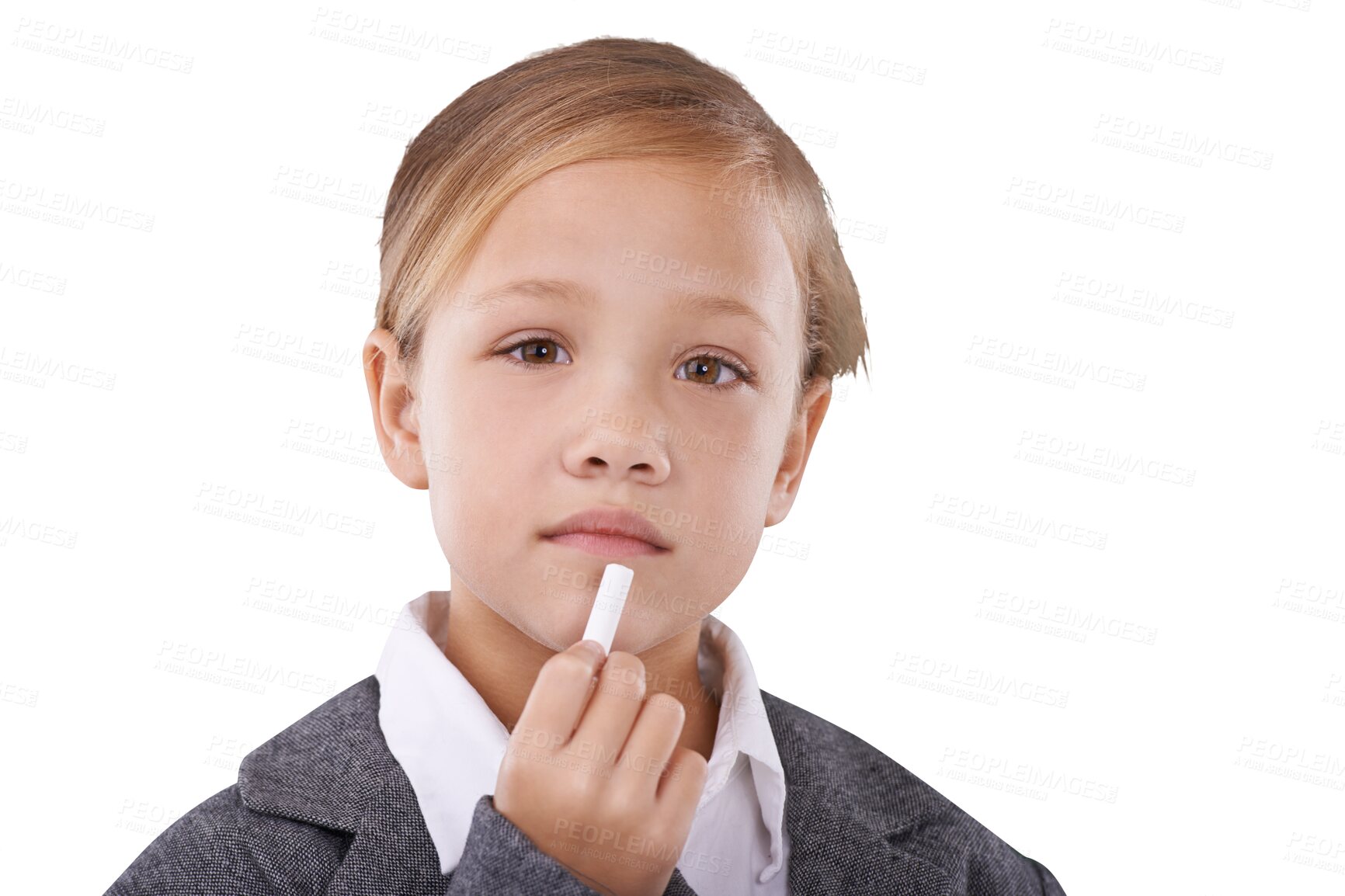 Buy stock photo Education, learning and portrait of girl child with chalk for idea development on isolated, transparent or png background. Back to school, learning and face of kid student with creative thinking