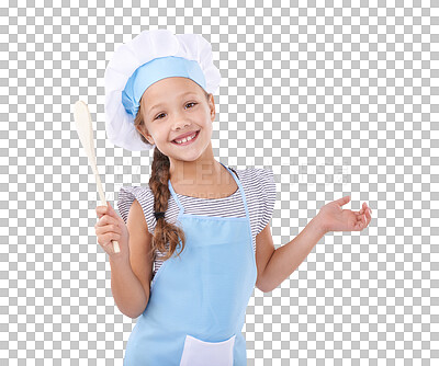 Buy stock photo Girl, smile and chef in childhood, portrait and wooden spoon for imagination, prepare food and play. Happy female child, learning and development for fun, isolated and transparent png background