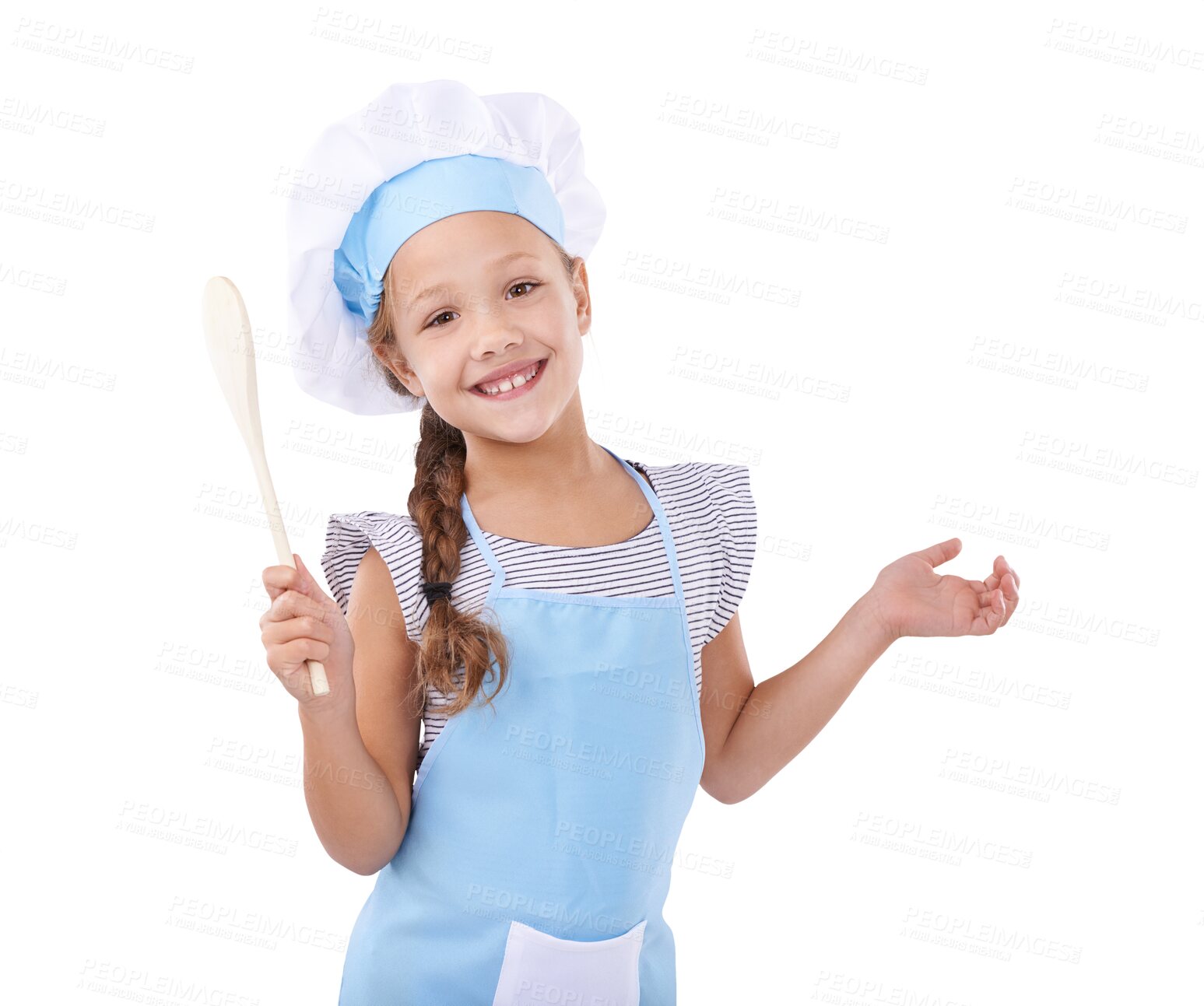 Buy stock photo Girl, smile and chef in childhood, portrait and wooden spoon for imagination, prepare food and play. Happy female child, learning and development for fun, isolated and transparent png background