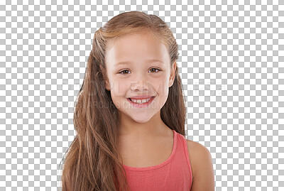 Buy stock photo Portrait. children and smile with an adorable girl isolated on a transparent background for growth or child development. Face, kids and happy with a cute young youth on PNG looking natural or casual