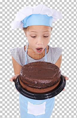 Buy stock photo Excited, baking and child with chocolate cake with surprise on isolated, png and transparent background. Wow, childhood and girl with dessert, treat and sweet food for learning chef or baker skills