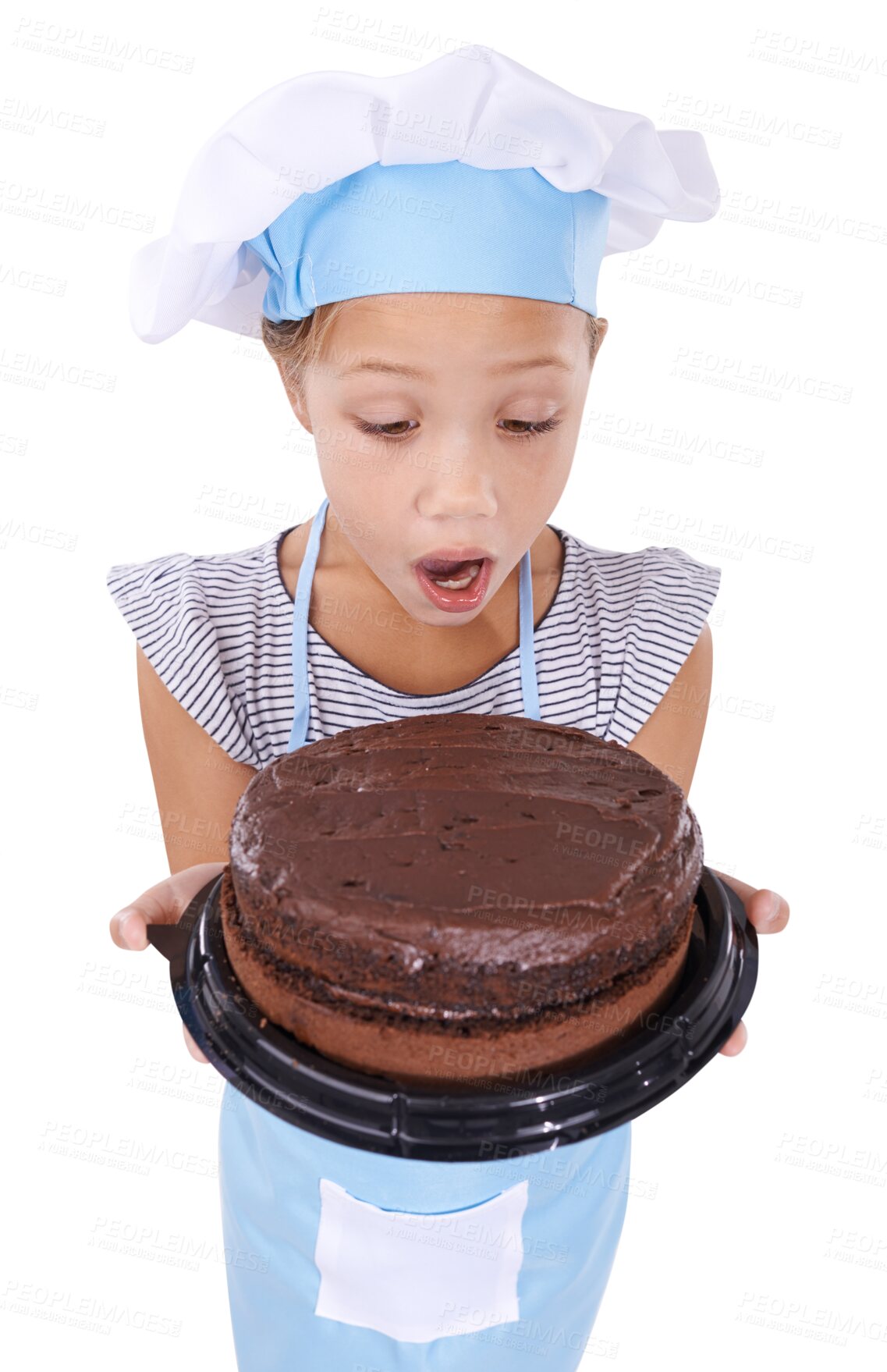 Buy stock photo Excited, baking and child with chocolate cake with surprise on isolated, png and transparent background. Wow, childhood and girl with dessert, treat and sweet food for learning chef or baker skills