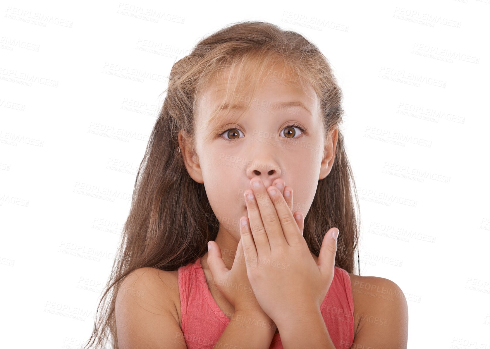 Buy stock photo Young child surprise and hands on mouth for wow, shock and portrait for gossip or secret in studio background. Girl, face or fear eyes for oops, expression or isolated on transparent png background