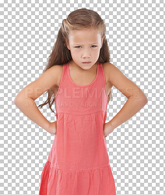 Buy stock photo Kid, girl and angry with frown on face, hand or gesture in pose, behavior and portrait. Child, model and upset with disappointed, annoyed and expression on isolated or a transparent png background