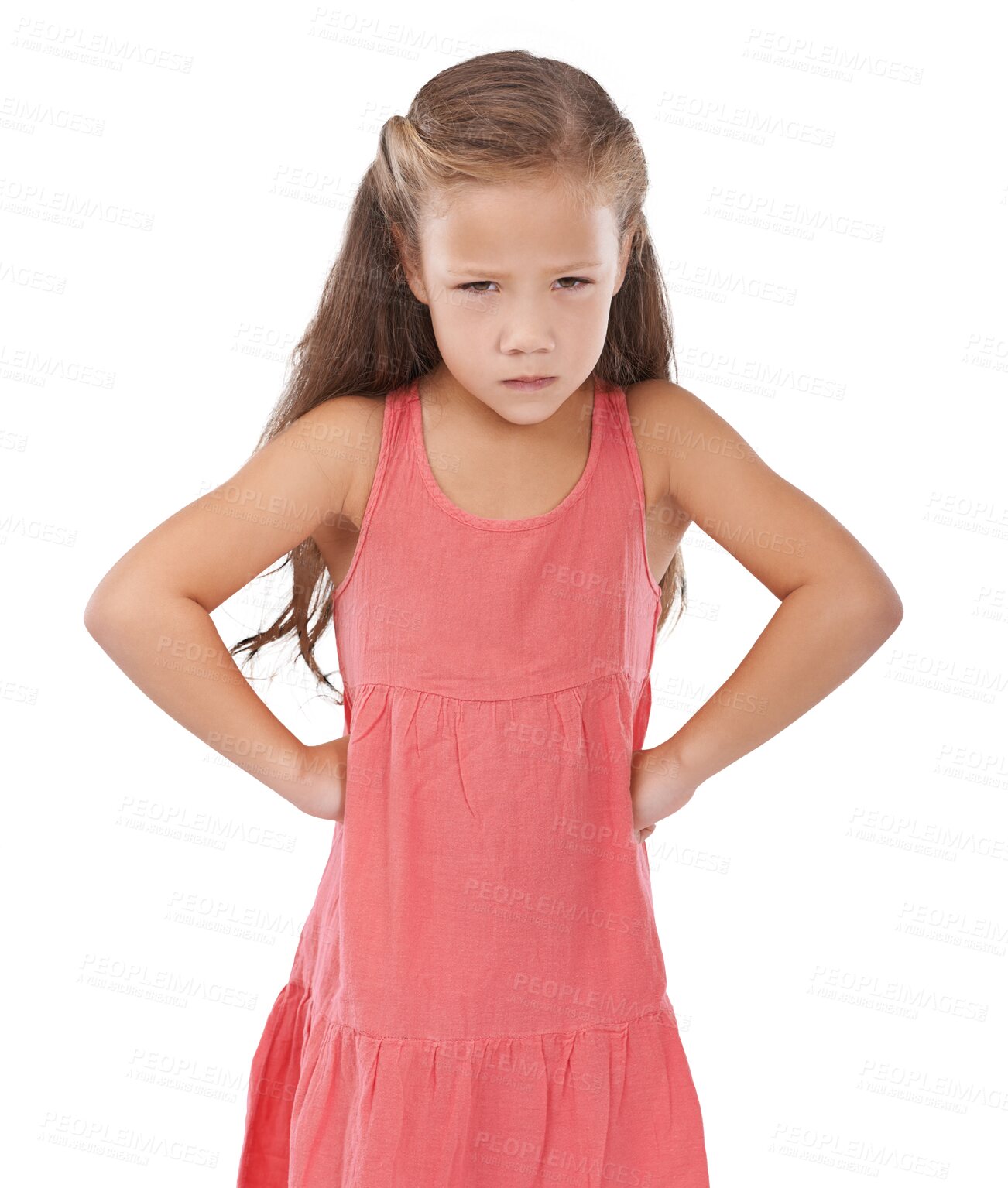 Buy stock photo Kid, girl and angry with frown on face, hand or gesture in pose, behavior and portrait. Child, model and upset with disappointed, annoyed and expression on isolated or a transparent png background