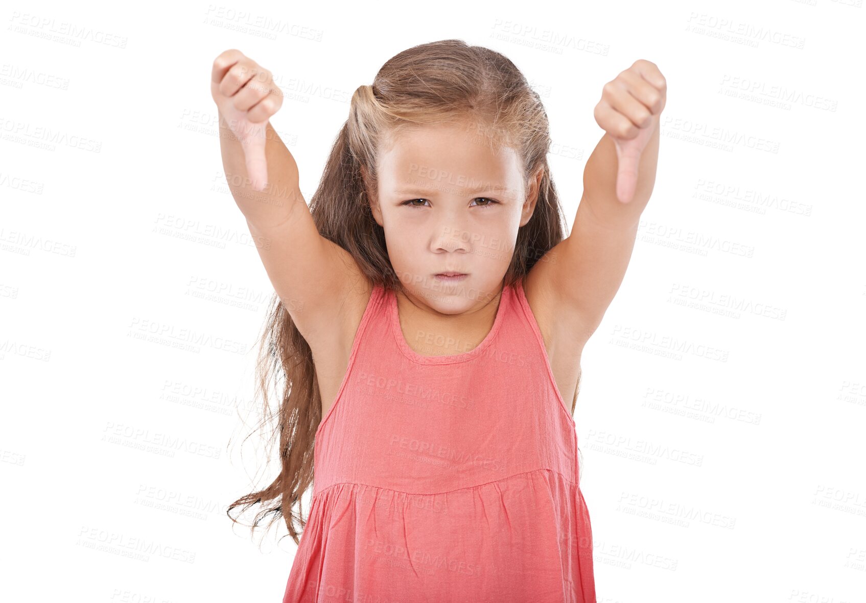 Buy stock photo Portrait, thumbs down and review with an unhappy girl isolated on a transparent background for feedback. Face, hand gesture and negative with an angry young child on PNG to vote, reject or deny