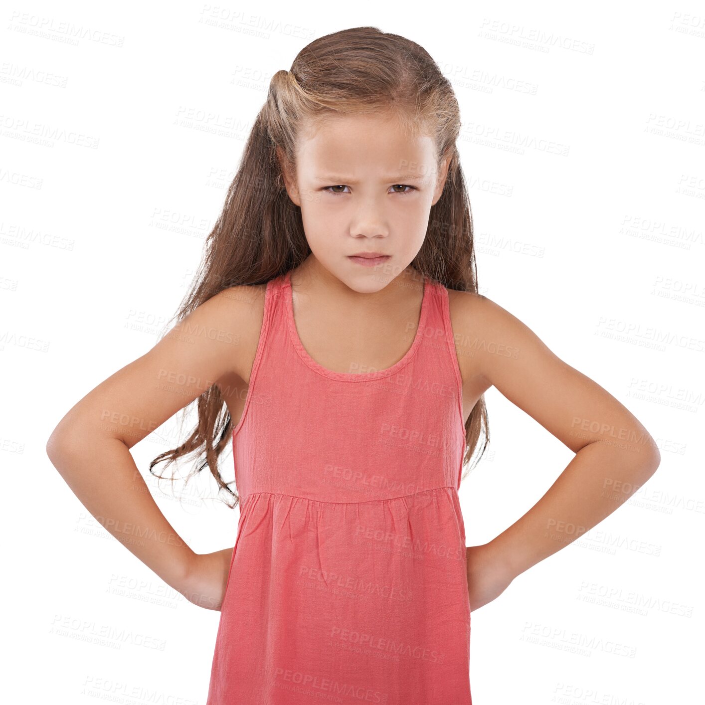 Buy stock photo Portrait, kid or girl with disappointed look on face for decision, problem or behavior. Youth, model and annoyed expression with arms, frown and tantrum on isolated or a transparent png background