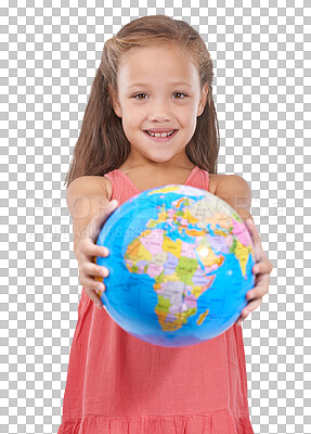 Buy stock photo Portrait. children and earth with a girl isolated on a transparent background for climate change awareness. World, happy and a cute young kid on PNG for global sustainability or planet conservation