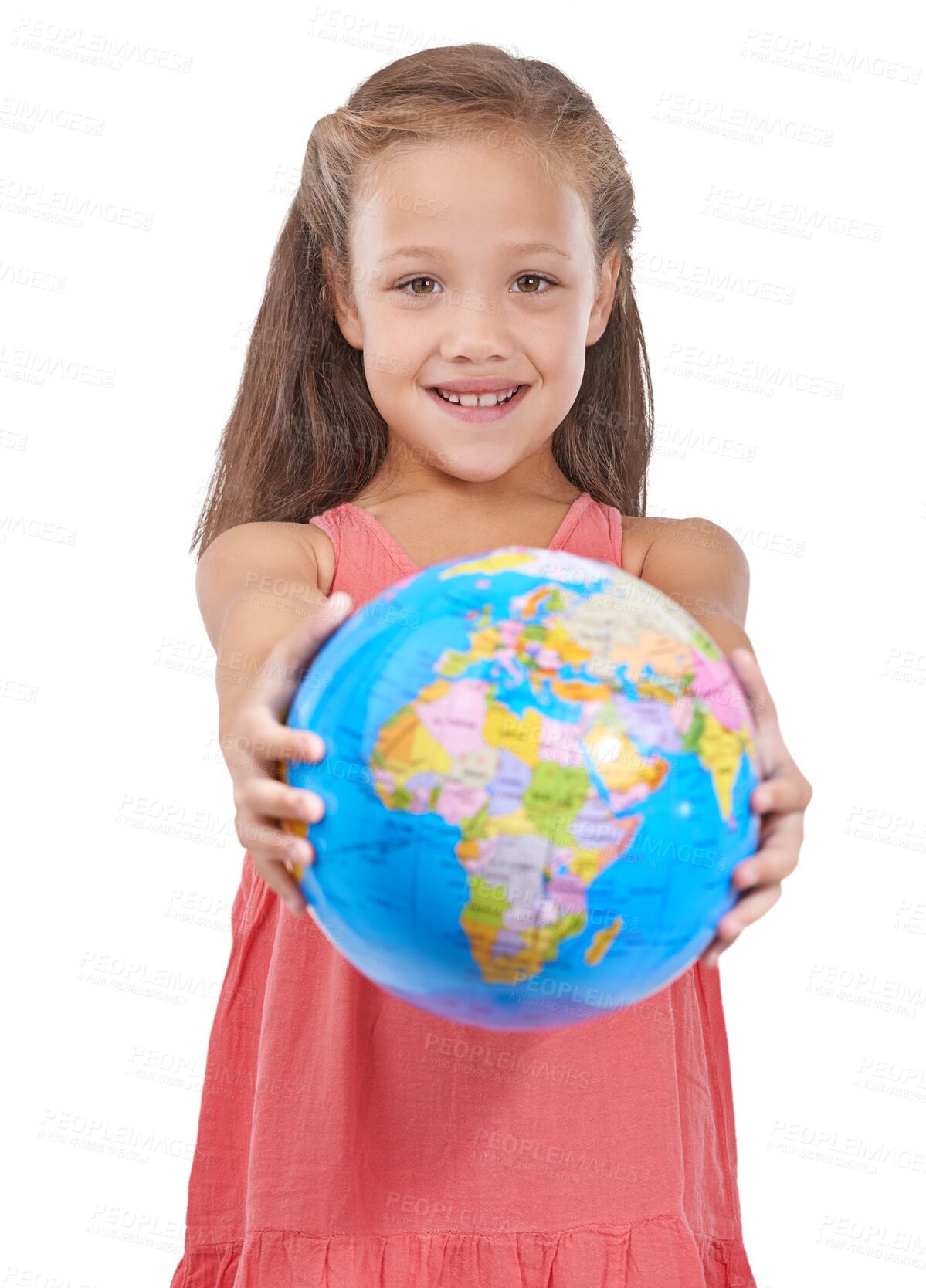 Buy stock photo Portrait. children and earth with a girl isolated on a transparent background for climate change awareness. World, happy and a cute young kid on PNG for global sustainability or planet conservation