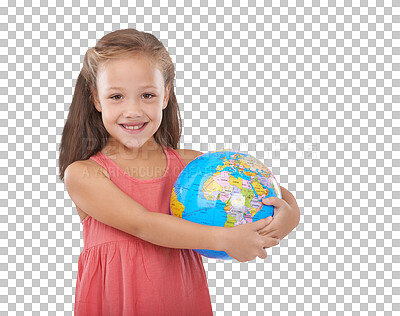 Buy stock photo Portrait, smile and a girl hugging the earth isolated on a transparent background for travel or sustainability. Recycling, global warming or climate change and a young child on PNG with a world globe