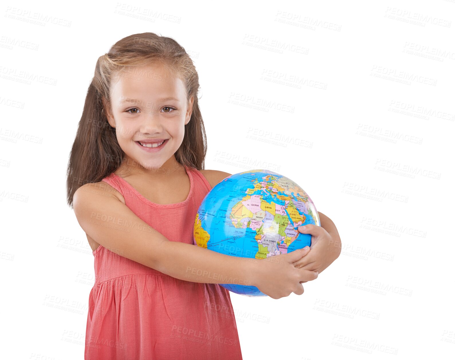 Buy stock photo Portrait, smile and a girl hugging the earth isolated on a transparent background for travel or sustainability. Recycling, global warming or climate change and a young child on PNG with a world globe