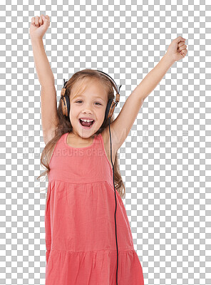 Buy stock photo Happy child, portrait and headphones listening to music for entertainment isolated on a transparent PNG background. Excited person, young girl or kid smile enjoying audio streaming, podcast or sound