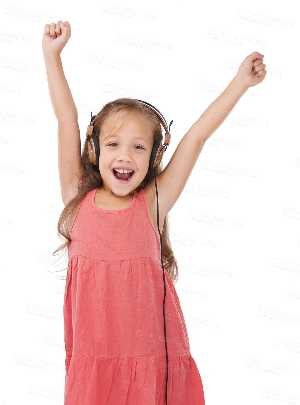 Buy stock photo Happy child, portrait and headphones listening to music for entertainment isolated on a transparent PNG background. Excited person, young girl or kid smile enjoying audio streaming, podcast or sound