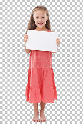 Buy stock photo Happy young girl, portrait and billboard for advertising or marketing isolated on a transparent PNG background. Female person, little child or kid smile holding poster for advertisement or message