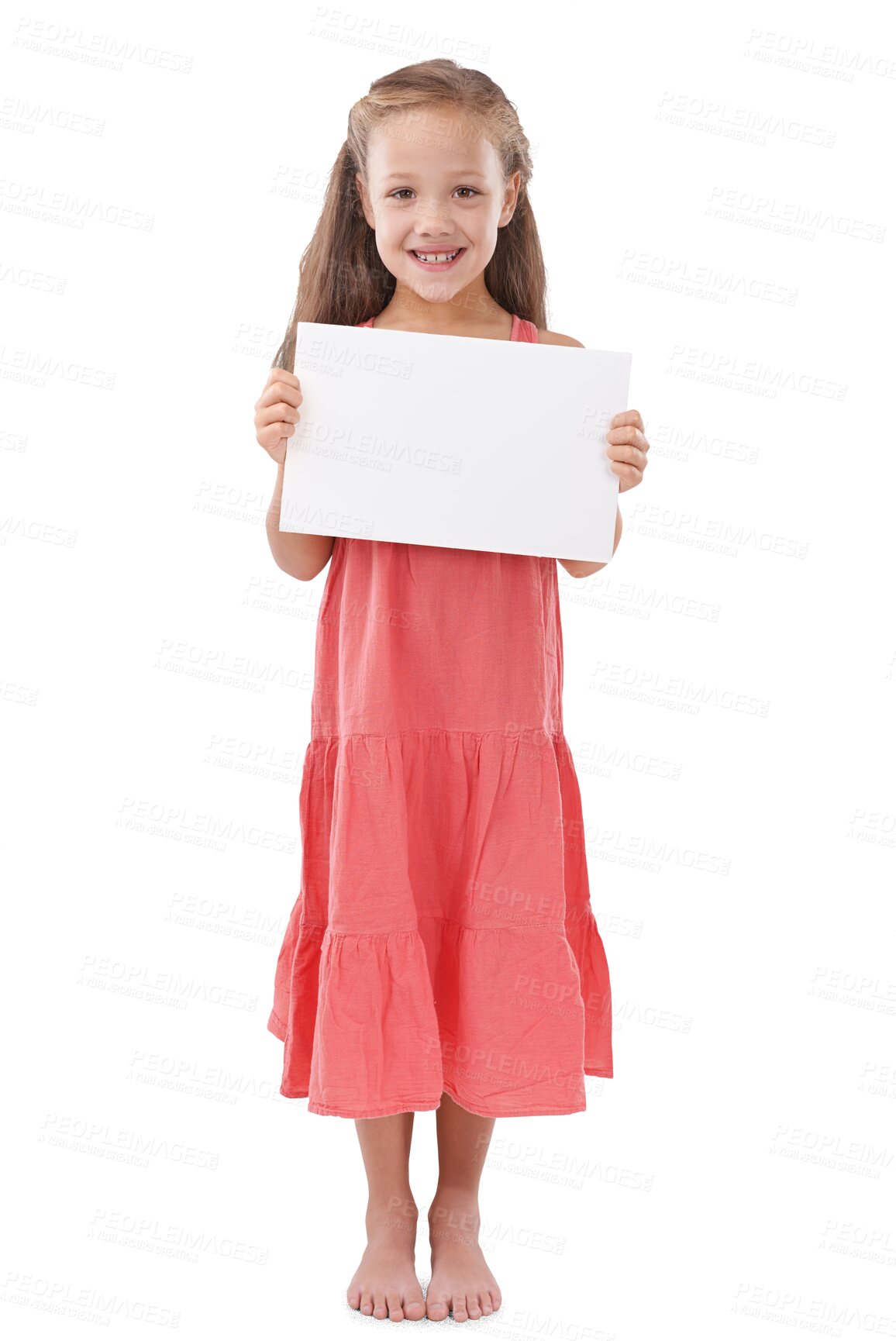 Buy stock photo Happy young girl, portrait and billboard for advertising or marketing isolated on a transparent PNG background. Female person, little child or kid smile holding poster for advertisement or message