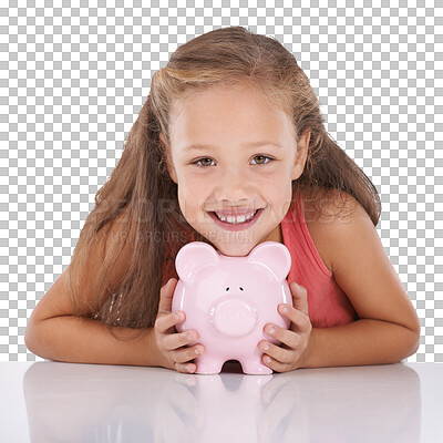 Buy stock photo Happy girl, portrait of child and piggy bank for savings or financial freedom isolated on a transparent PNG background. Face of person, money or kid smile with piggybank for finance investment