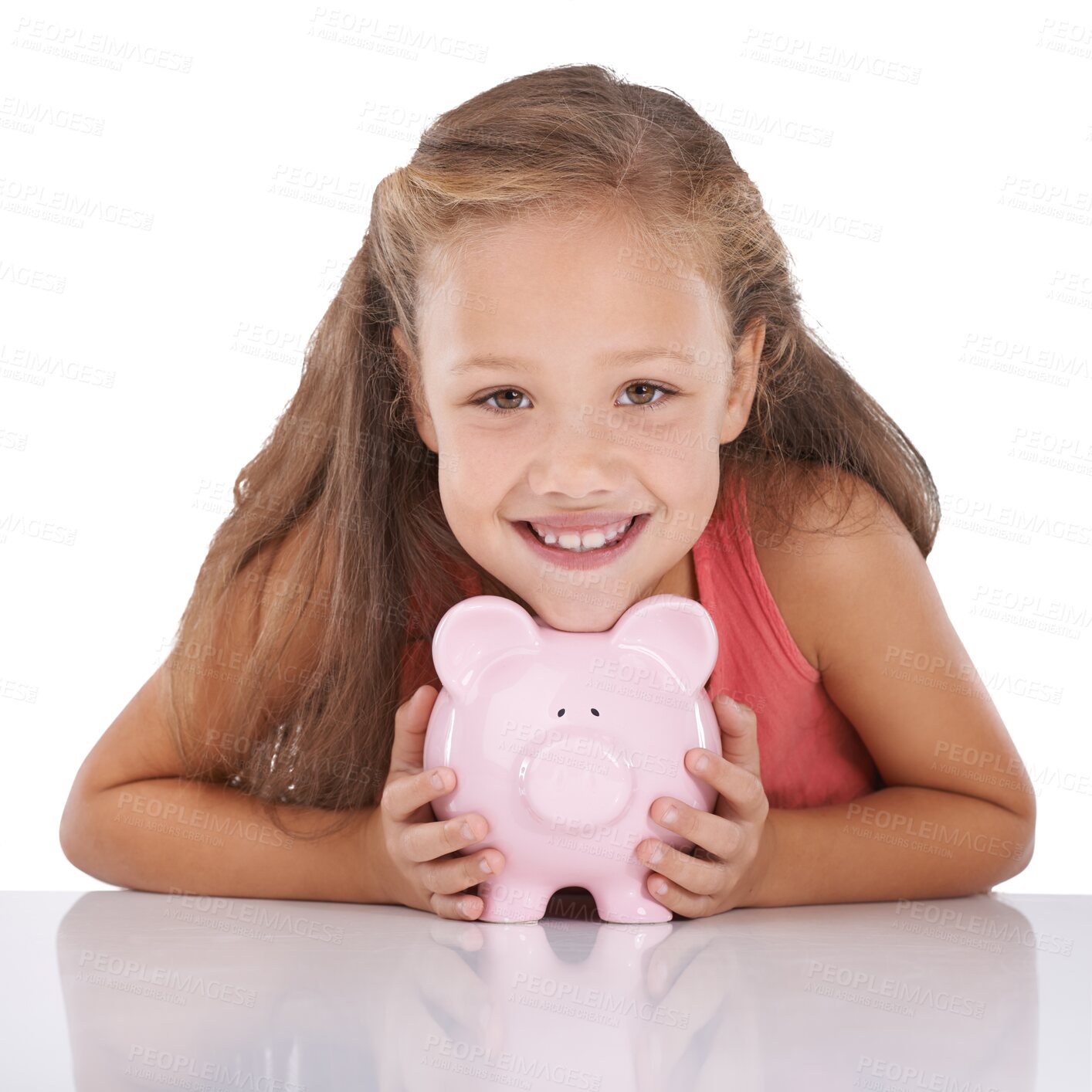 Buy stock photo Happy girl, portrait of child and piggy bank for savings or financial freedom isolated on a transparent PNG background. Face of person, money or kid smile with piggybank for finance investment