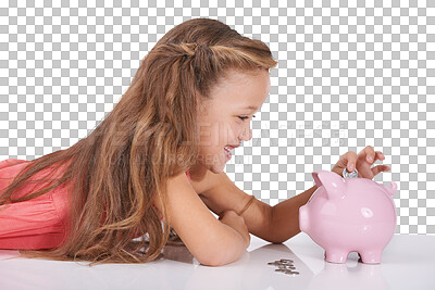 Buy stock photo Piggy bank, money and happy girl child with savings on isolated, transparent or png background. Cash, box and excited kid on a floor with budget, invest or coin container for future education funding