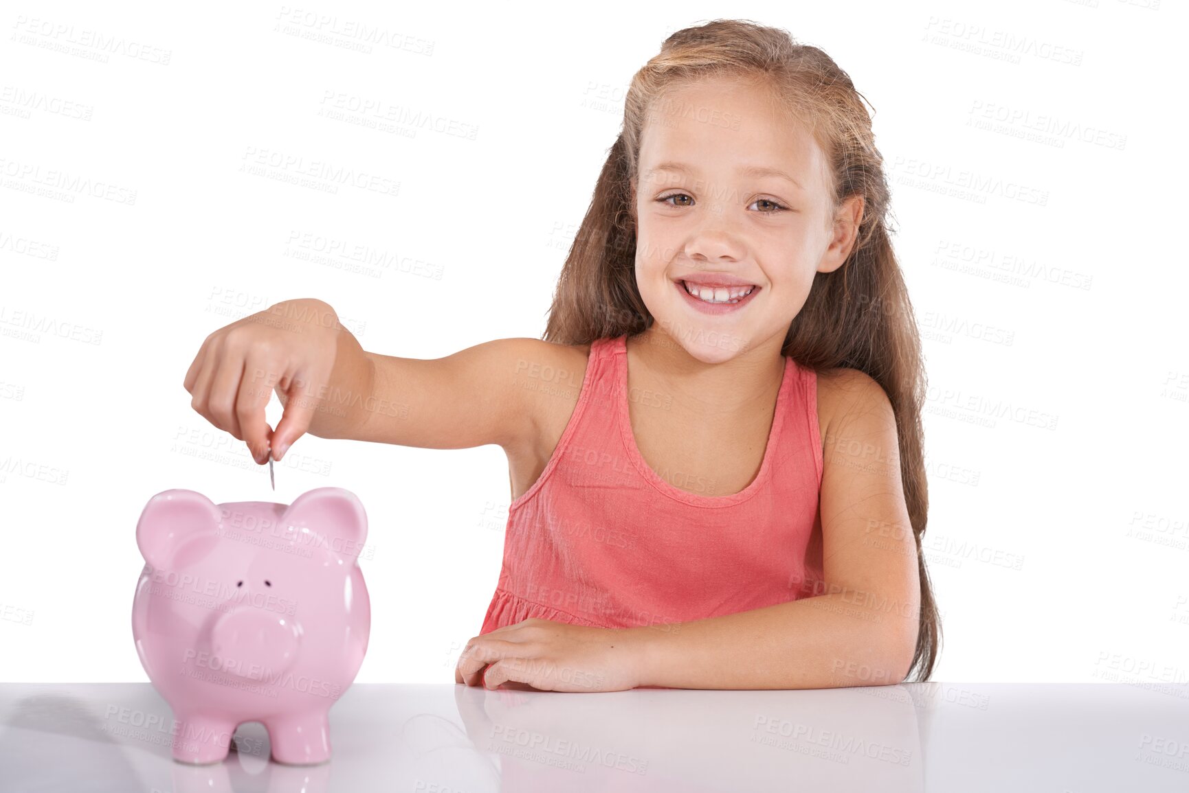 Buy stock photo Piggy bank, cash deposit and portrait of girl child with savings on isolated, transparent or png background. Money, box or face of kid with budget, invest or coin container for future education fund
