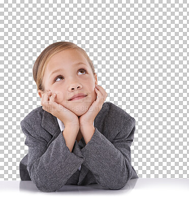 Buy stock photo Thinking, idea and child in business clothes on isolated, png and transparent background for comic. Professional, career and young girl wonder, doubt or brainstorming for choice, decision and options