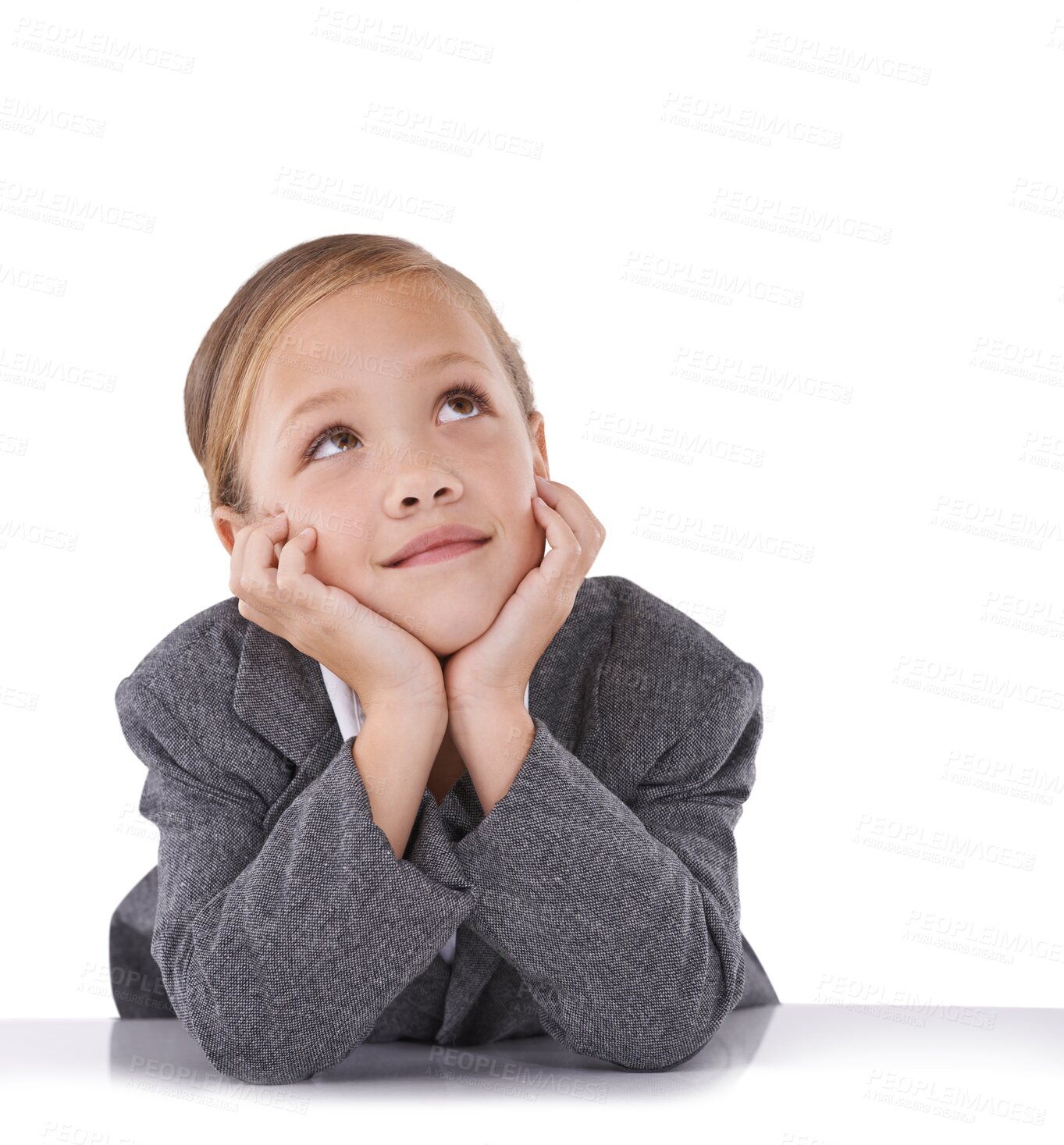 Buy stock photo Thinking, idea and child in business clothes on isolated, png and transparent background for comic. Professional, career and young girl wonder, doubt or brainstorming for choice, decision and options