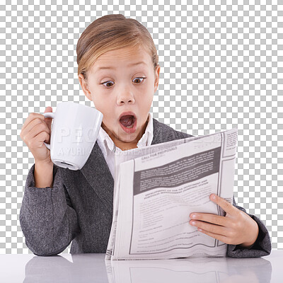 Buy stock photo Child, cup and newspaper for reading with shock for article, page or headline. Little girl, model and dress up as adult for pretend on on isolated or a transparent png background for corporate job