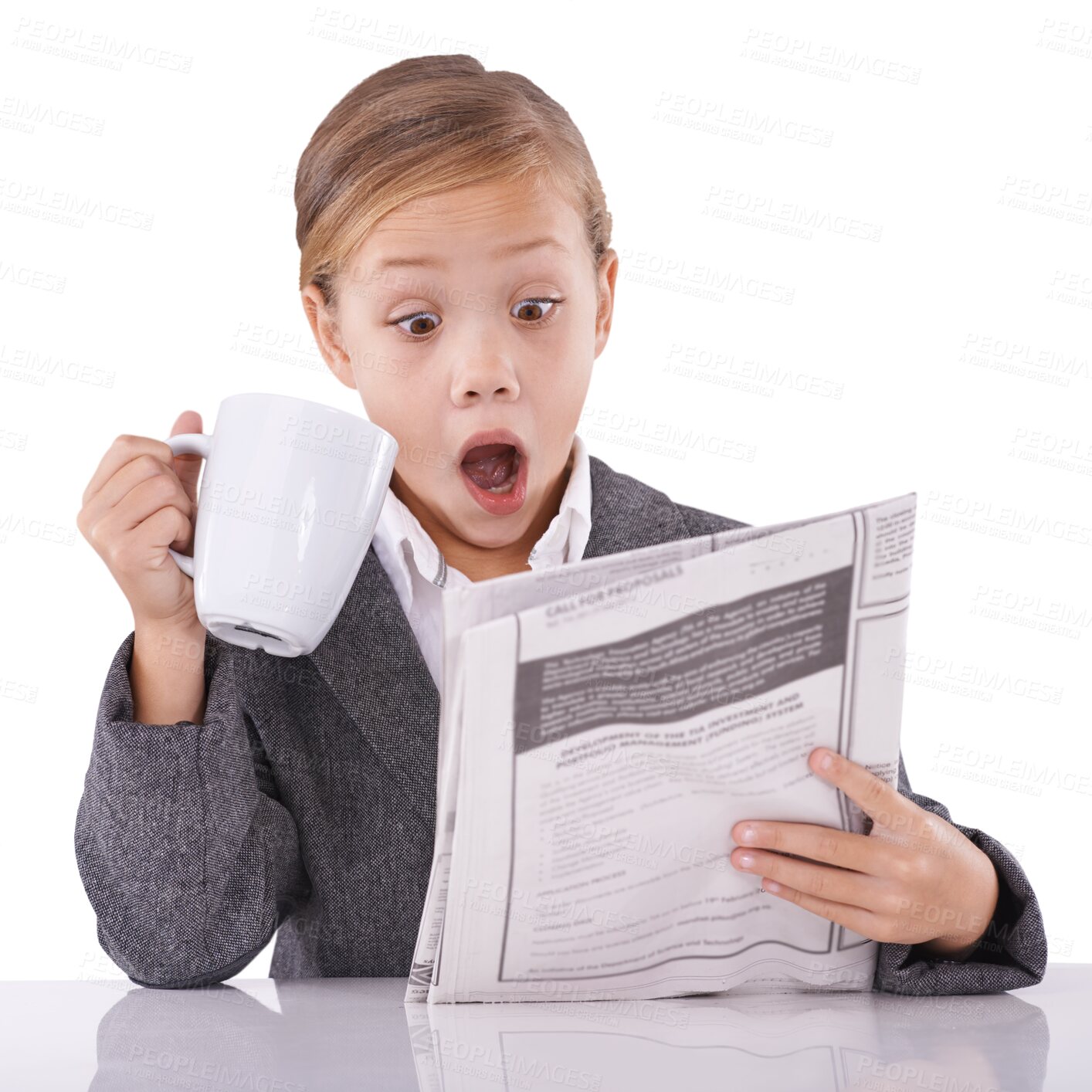 Buy stock photo Child, cup and newspaper for reading with shock for article, page or headline. Little girl, model and dress up as adult for pretend on on isolated or a transparent png background for corporate job