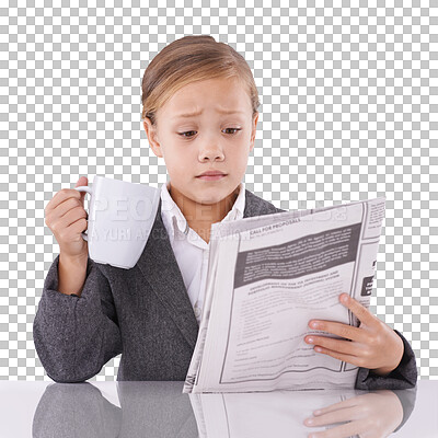 Buy stock photo Child, cup and newspaper for reading by confusion for headline, article or report. Youth, girl and model for dress up as adult on isolated or a transparent png background for corporate, career or job