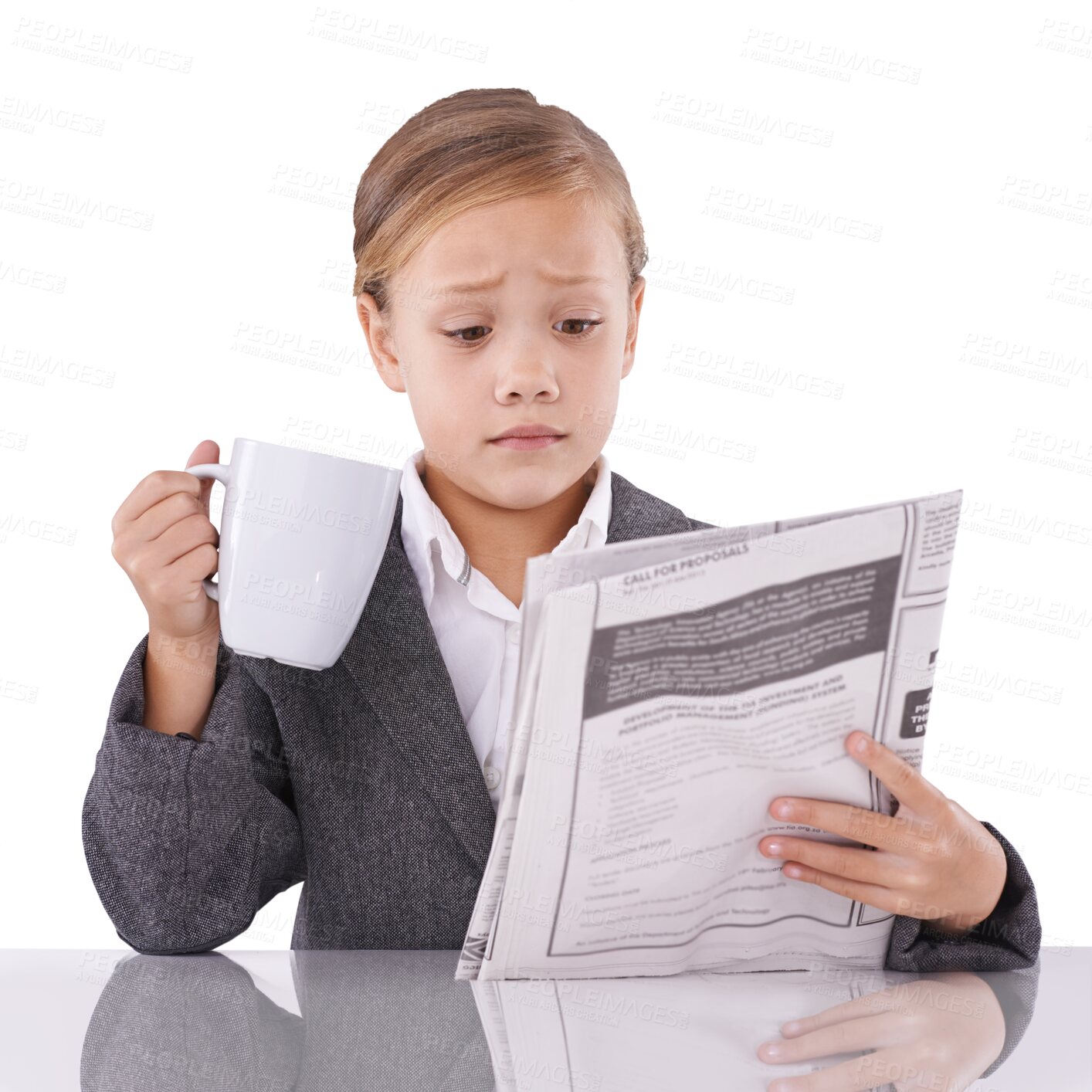 Buy stock photo Child, cup and newspaper for reading by confusion for headline, article or report. Youth, girl and model for dress up as adult on isolated or a transparent png background for corporate, career or job