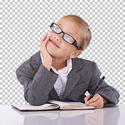 Buy stock photo Thinking, writing and child in business clothes on isolated, png and transparent background with notebooks. Professional, career and young girl brainstorming ideas for choice, decision and planning