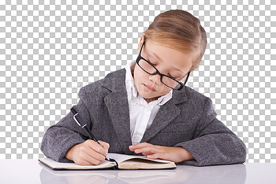 Buy stock photo Business kid in suit, writing at desk and book for learning, education and study. Girl, child and notebook at table, professional working and serious student isolated on a transparent png background