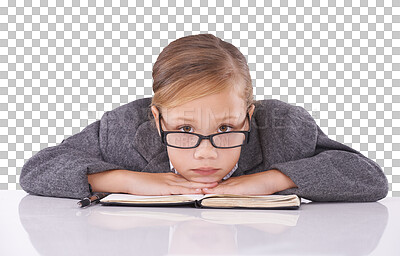 Buy stock photo Child, notebook and head on desk, suit and serious as businesswoman on isolated transparent png background. Corporate wear, glasses and entrepreneur as girl, alone and formal for job, work and kid