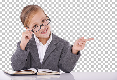 Buy stock photo Child, pointing or businesswoman in suit, notebook or glasses as secretary on isolated transparent png background. Corporate, kid or creative for job, professional or young to work, girl or childhood