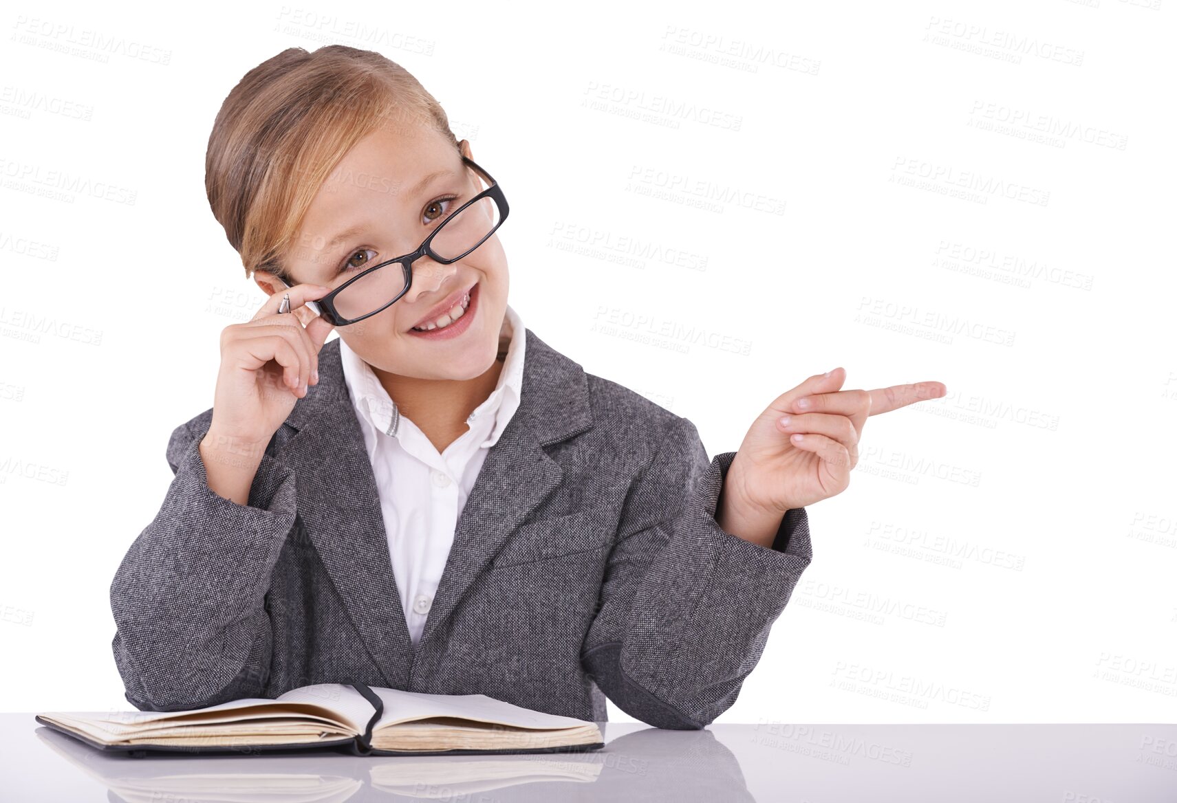 Buy stock photo Child, pointing or businesswoman in suit, notebook or glasses as secretary on isolated transparent png background. Corporate, kid or creative for job, professional or young to work, girl or childhood