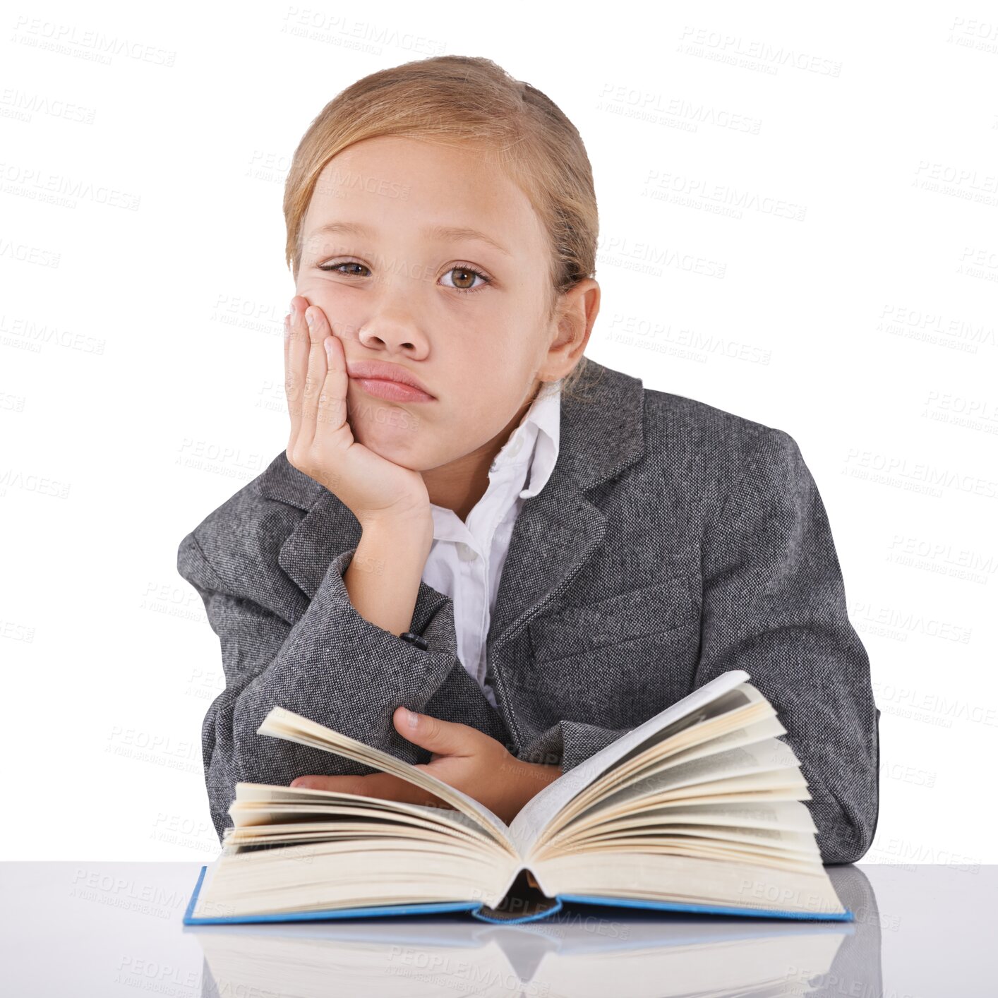 Buy stock photo Girl, student or bored portrait for education by desk, book or classroom with learning homework. Child, young face or tired of study in school, frustrated or isolated on transparent png background