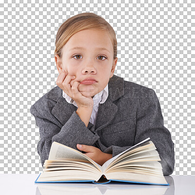 Buy stock photo Book, education and portrait of bored girl child on isolated, transparent and png background. Adhd, autism and kid student face with a learning disability in a classroom frustrated by school notebook