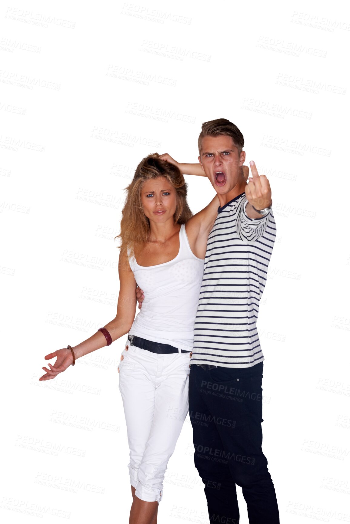 Buy stock photo Man, woman and angry with middle finger in portrait with shout for clothes. People, friends or model with pose on isolated or a transparent png background in Sweden for fashion, style or trendy look