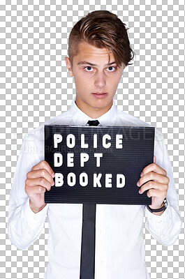 Buy stock photo Man, mugshot and jail for crime, portrait and police department sign on isolated transparent png background. Young criminal, alone and youth with face, trouble and prison if guilty, rebel and cool