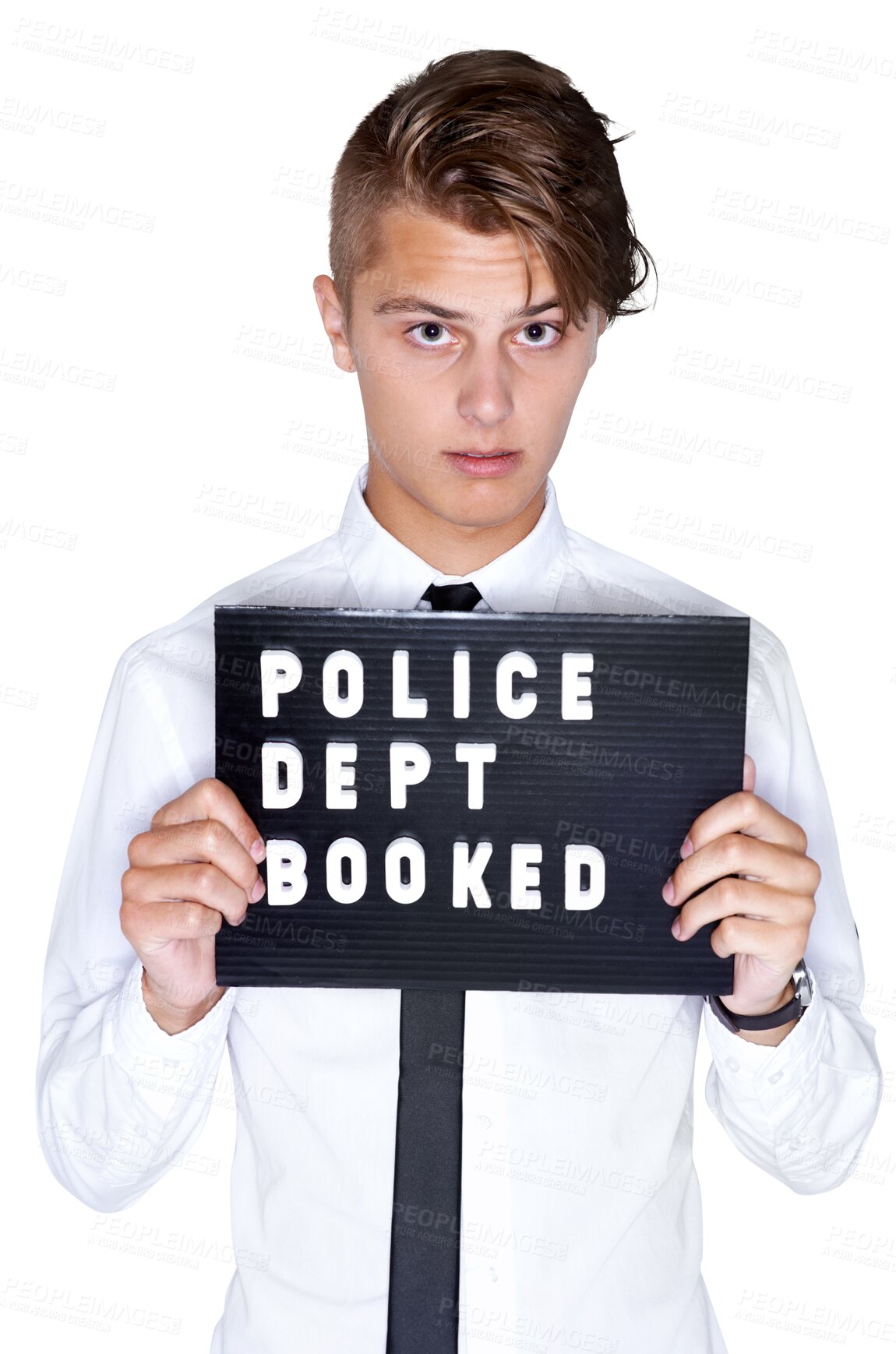 Buy stock photo Man, mugshot and jail for crime, portrait and police department sign on isolated transparent png background. Young criminal, alone and youth with face, trouble and prison if guilty, rebel and cool