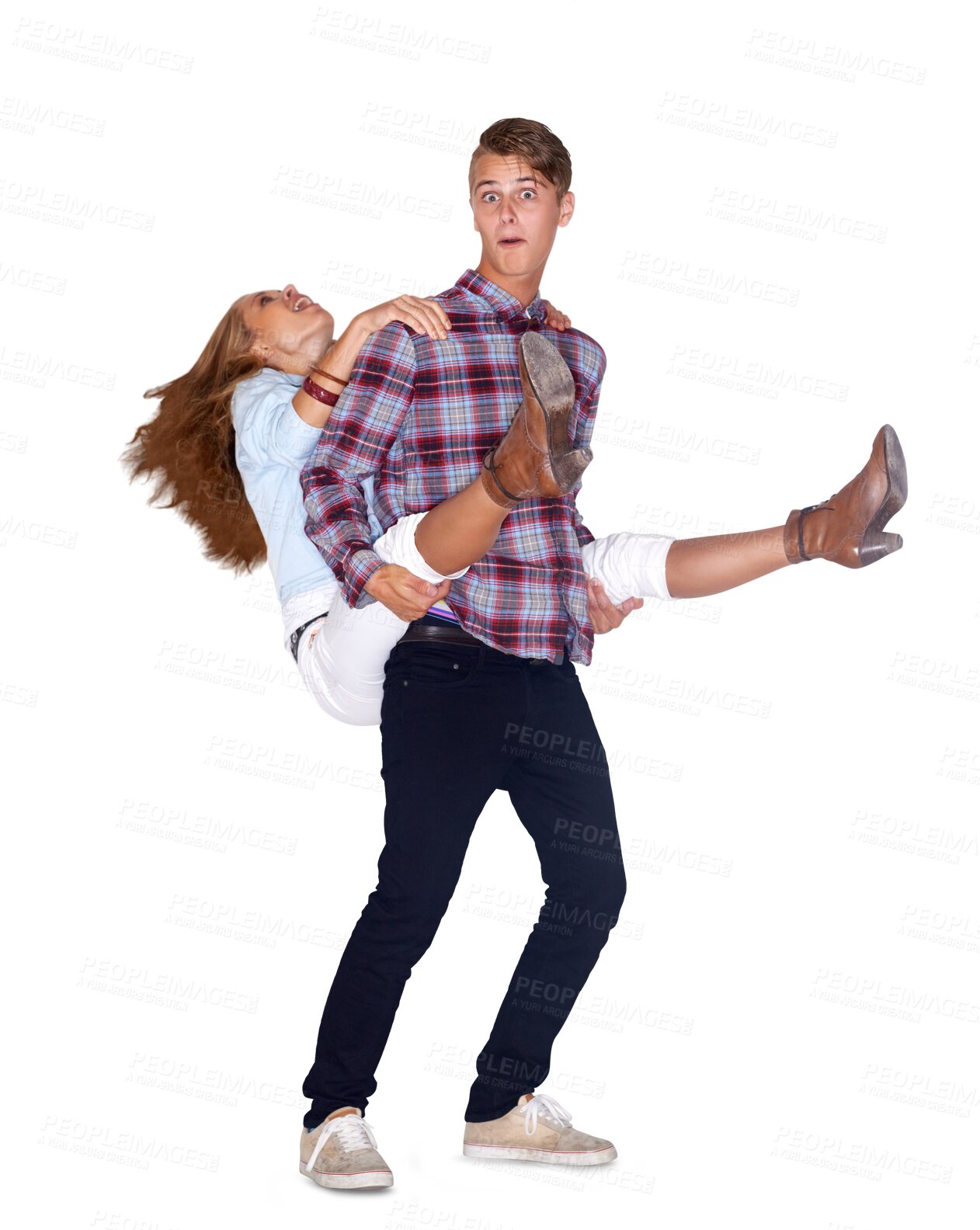 Buy stock photo Portrait, piggy back and couple with love, marriage and happiness isolated on a transparent background. Romance, man and woman with png, playing or cheerful with vacation, celebration or relationship