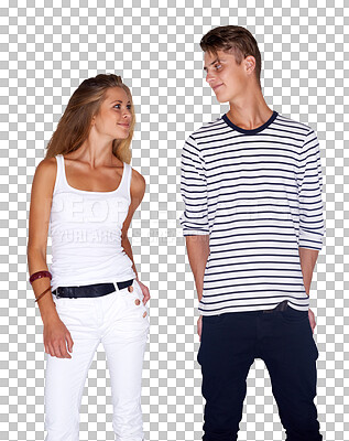 Buy stock photo Fashion, couple and love in smile, happy and cool or trendy, vintage and retro clothing. Man and woman, positive and stylish or edgy by hipster, casual and isolated on transparent png background